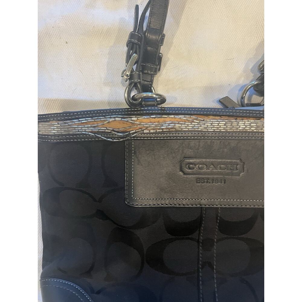 Coach Gallery Signature Khaki Suede Purse 10445 Beaded Tote Handbag Purse Blackd - Picture 4 of 14